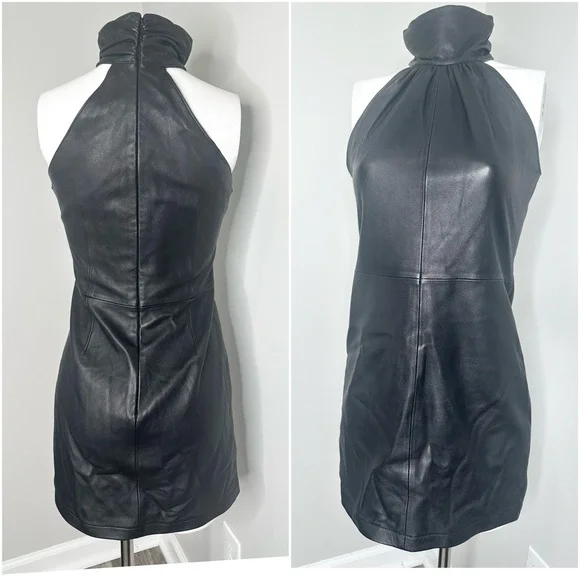 Elegant Black Halter Leather Mini Dress- PRELOVED- MEDIUM - Picture 3 of 7
